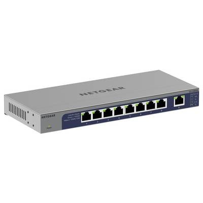 Ein grauer NETGEAR Ethernet-Switch mit acht Ports, geeignet für Netzwerkkonnektivität. Vier grüne LEDs zeigen den Betriebsstatus an.