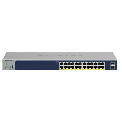 Ein Netzwerk-Switch mit 24 Ethernet-Ports und zwei zusätzlichen Anschlüssen. Das Gerät befindet sich in einem Rack-fähigen Gehäuse.