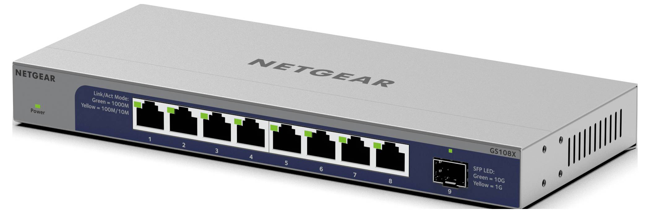 Netzwerkswitch von Netgear mit acht Ethernet-Ports und einer SFP-Port.