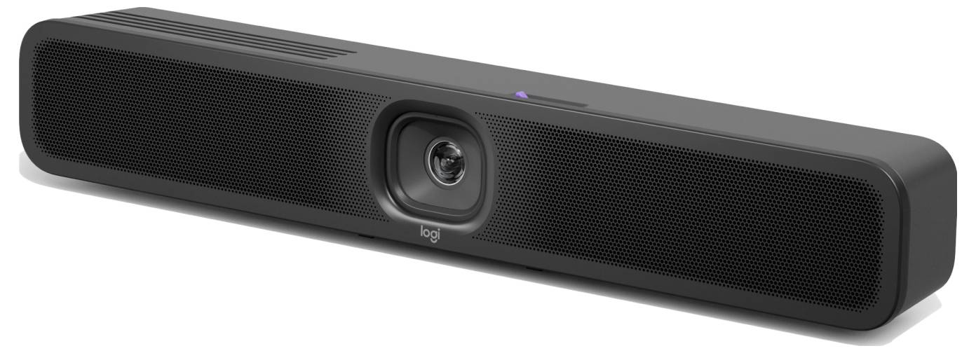 Eine schwarze horizontale Videokonferenz-Soundbar mit einer in der Mitte integrierten Kamera, die für audiovisuelle Konferenzen entwickelt wurde.