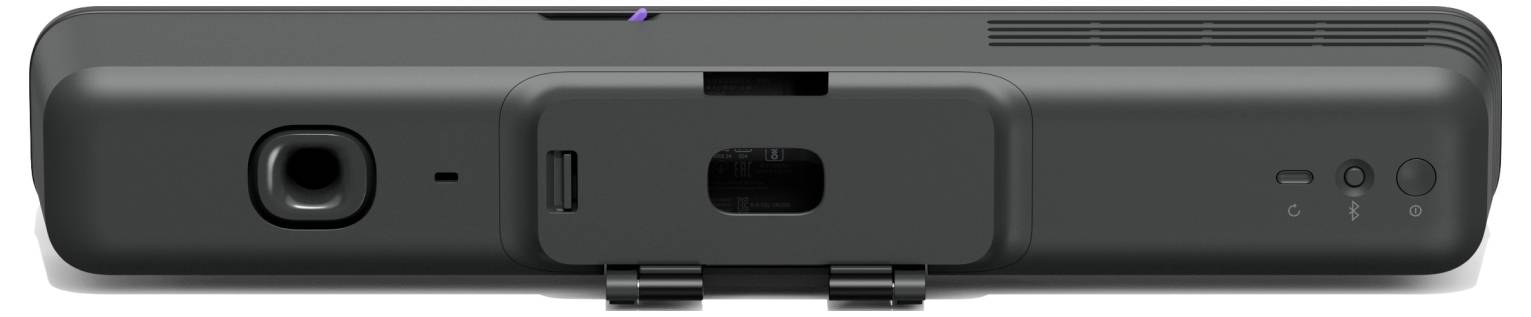 Ein schwarzes elektronisches Gerät, von hinten betrachtet, mit einer großen Linse auf der linken Seite und mehreren Tasten auf der rechten Seite.