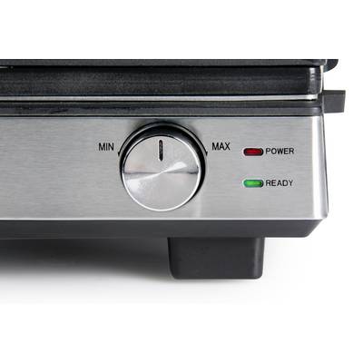 Das Bild zeigt einen elektrischen Grill mit einem Drehregler für die Temperatur und zwei Leuchten: 'POWER' in rot und 'READY' in grün.