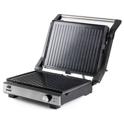 Elektrischer Kontaktgrill mit geriffelter Grillfläche, geeignet für beidseitiges Grillen. Gerät ist schwarz mit silbernen Elementen.