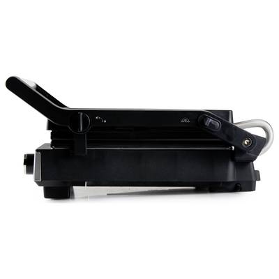 Ein schwarzer Elektrogrill in seitlicher Ansicht. Der Griff ist zu sehen, ebenso wie die Verbindungskabel und die Temperatureinstellungen.