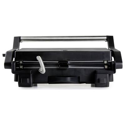 Ein geschlossenes schwarzes Kontaktgrill mit Edelstahlgriff, geeignet zum Grillen von verschiedenen Lebensmitteln in der Küche.