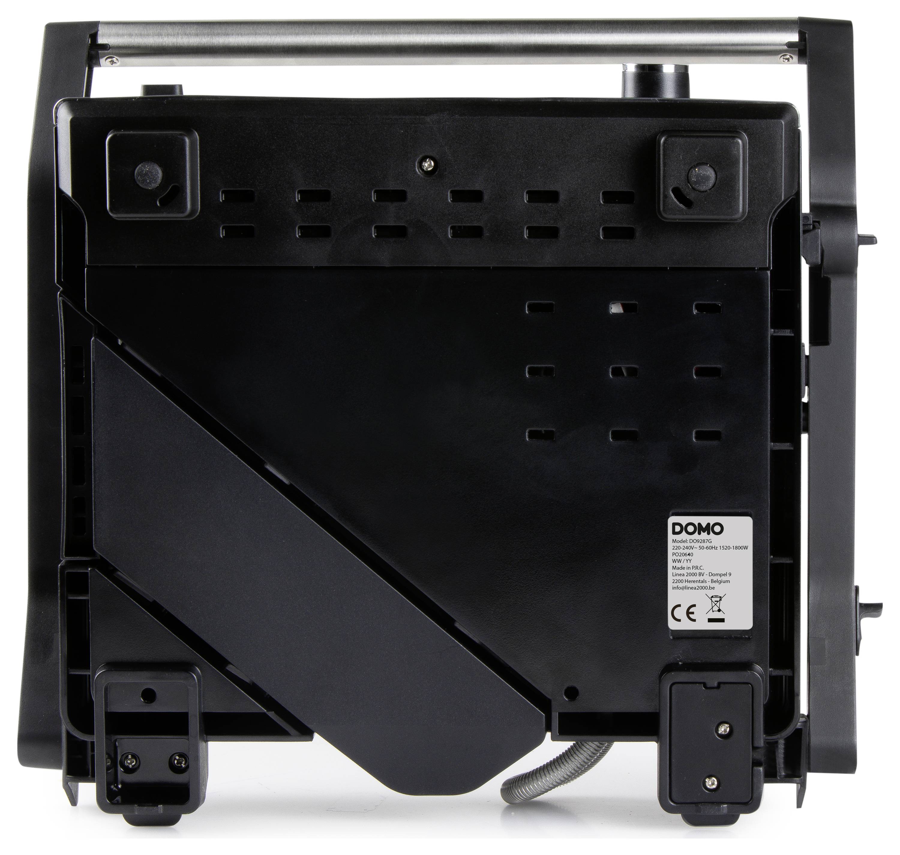 Rückansicht eines schwarzen elektronischen Geräts mit einem Aufkleber rechts unten, das Belüftungsschlitze und zwei quadratische Füße zeigt.