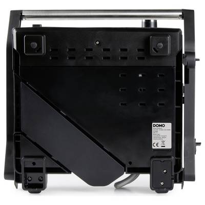 Rückansicht eines schwarzen elektronischen Geräts mit einem Aufkleber rechts unten, das Belüftungsschlitze und zwei quadratische Füße zeigt.
