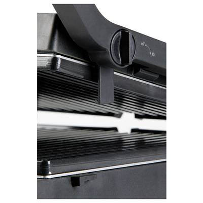 Elektrischer Kontaktgrill in Nahaufnahme mit gerippten Grillplatten und Temperaturregler, geöffnet mit leichtem Abstand zwischen den Platten.