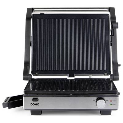 Ein elektrischer Kontaktgrill mit offenem Deckel, geriffelten Grillplatten und einem Temperaturregler an der Vorderseite.