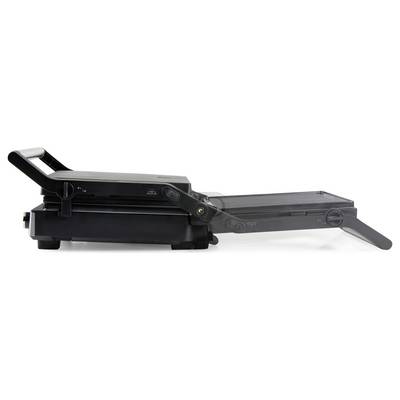 Schwarzes Kontaktgrill mit geöffneten Platten in seitlicher Ansicht, bereit zum Grillen von Lebensmitteln.