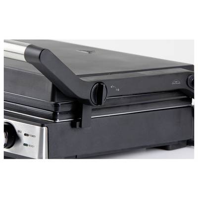 Geschlossener Kontaktgrill aus Metall mit schwarzem Gehäuse und verstellbarem Griff.