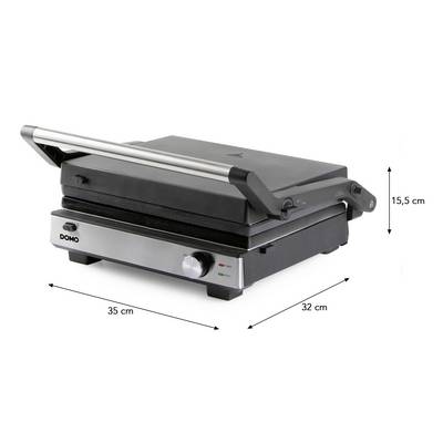 Elektrischer Tischgrill in geschlossenem Zustand, Silber mit schwarzem Deckel und Griff, Maße: 35 cm Breite, 32 cm Tiefe, 15,5 cm Höhe.