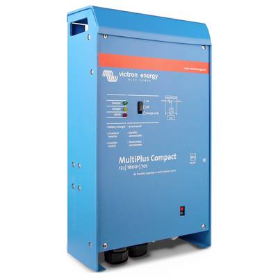 Ein blauer Batteriewechselrichter der Marke Victron Energy mit Modellbezeichnung 'MultiPlus Compact'. Schalter und Kontrollleuchten sind sichtbar.