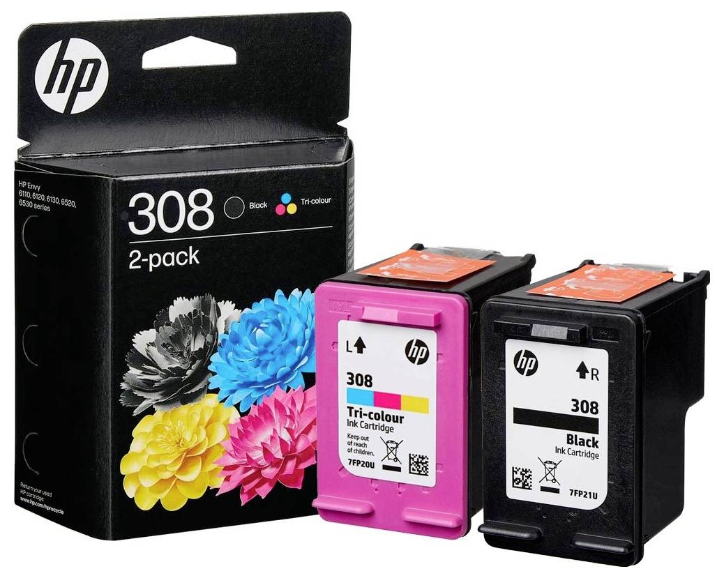 Zwei Tintenpatronen, eine schwarz und eine dreifarbig, neben einer Verpackung mit der Aufschrift 'HP 308 2-Pack', vor buntem Blumenmuster.