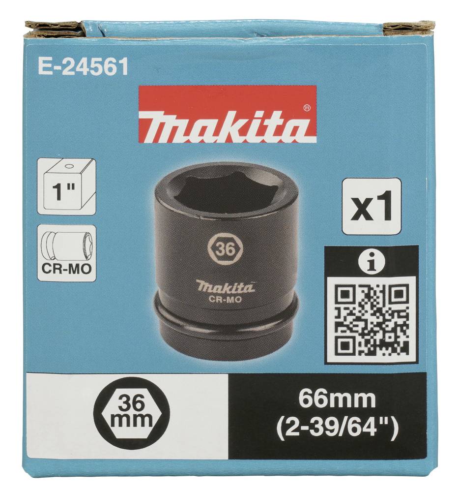 Eine 'Makita'-Stecknuss in einer blauen Verpackung, Größe 36 mm, 66 mm lang. QR-Code und weitere technische Details sind sichtbar.