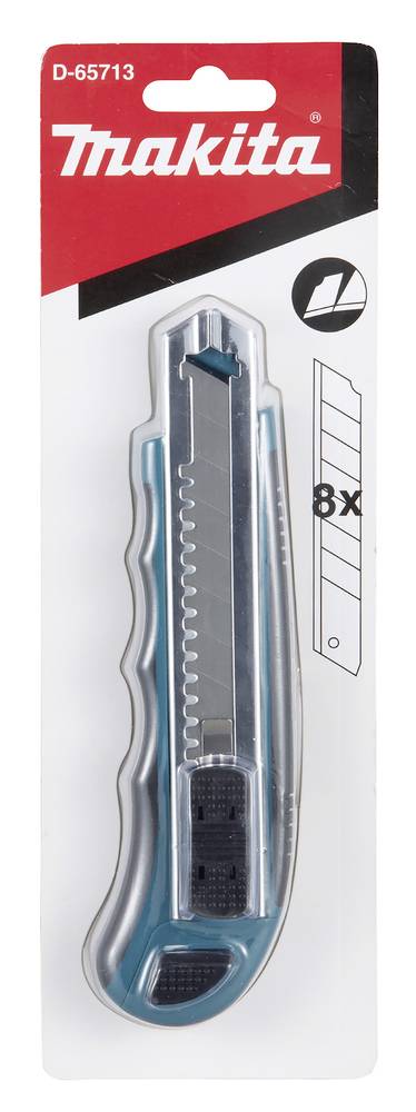 'Makita' Cutter in Verpackung, Silber mit blauem Griff, acht Ersatzklingen inklusive. Verpackung zeigt Firmenlogo und Illustration der Klingen.