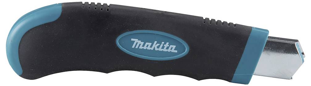Ein schwarzer Griff eines Makita-Universalmessers mit blauen Akzenten, teilweise sichtbar.
