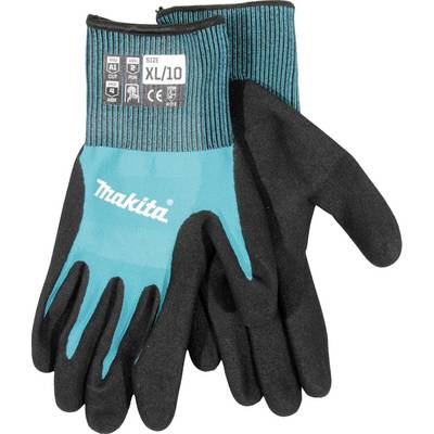 Ein Paar Arbeitshandschuhe aus schwarzem und türkisfarbenem Material mit dem Aufdruck 'Makita', Größe XL/10, und mehreren Sicherheitszertifizierungen.