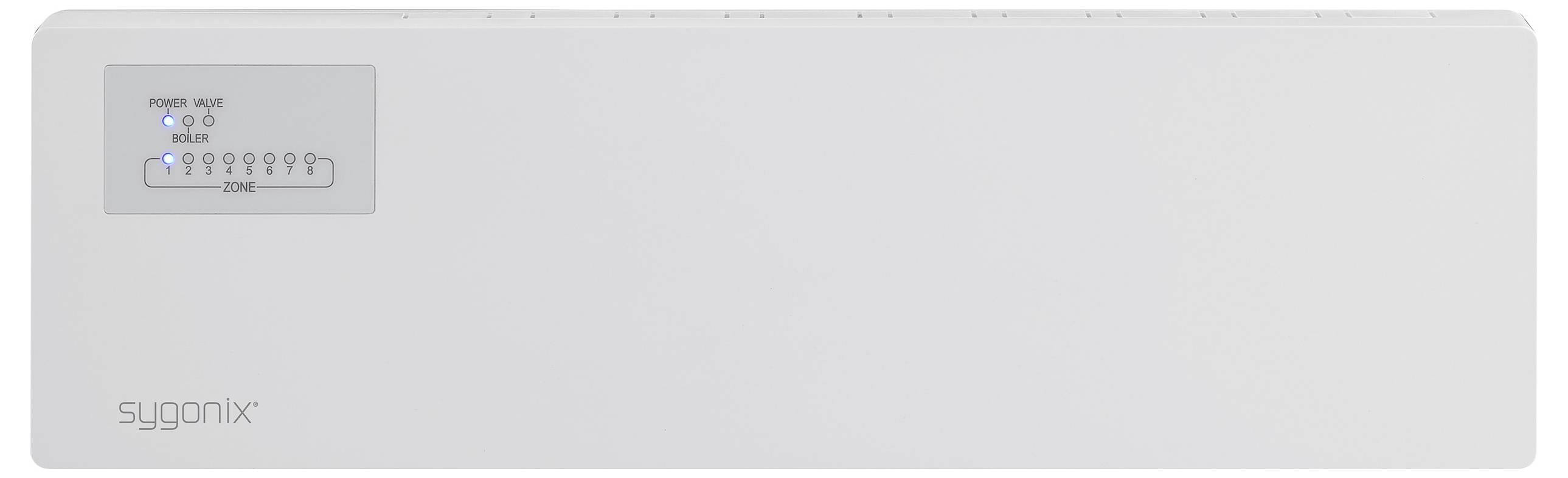 Weißes sygonix-Gerät mit einem Panel, das eine Power-ON-LED und Status-LEDs für neun Zonen zeigt, die den Verbindungs- oder Aktivitätsstatus anzeigen.