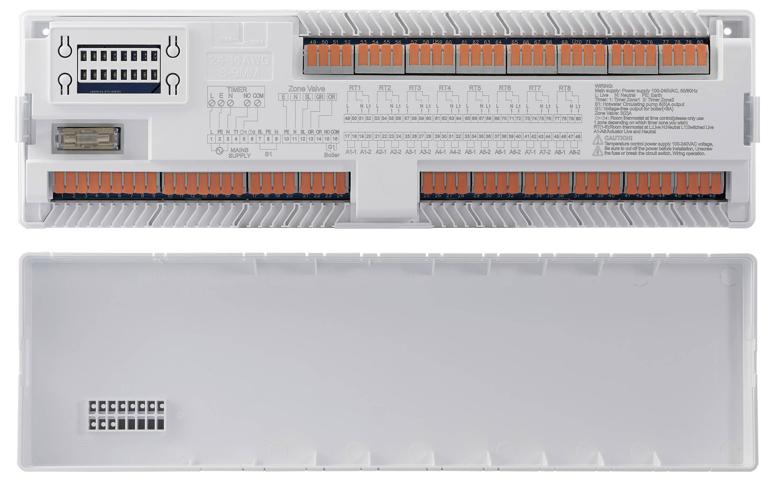 Eine elektrische Verteilerdose mit beschrifteten Schlitzen und Kabelanschlüssen für verschiedene Stromkreise; Deckel unter der Dose gezeigt.