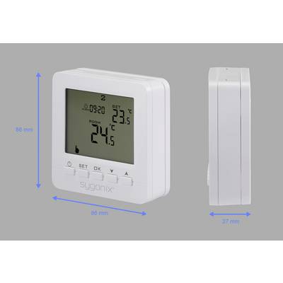 Digitales Wandthermostat mit Anzeige der Uhrzeit '09:20', eingestellter Temperatur '23,5°C' und Raumtemperatur '24°C'; Abmessungen sind 86x86x27 mm.