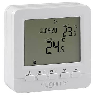 Ein digitales Thermostat, das die 'SET'-Temperatur auf 23°C und die 'ROOM'-Temperatur auf 24,5°C anzeigt, mit einer Uhrzeitanzeige von 09:20.