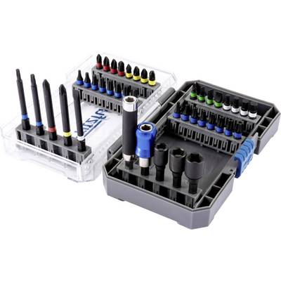 Ein Werkzeugset mit verschiedenen Schraubendrehereinsätzen, Steckschlüsseln und Zubehör, geordnet in einer Plastikbox, das unterschiedliche Größen und Formen für vielseitige Anwendungen zeigt.