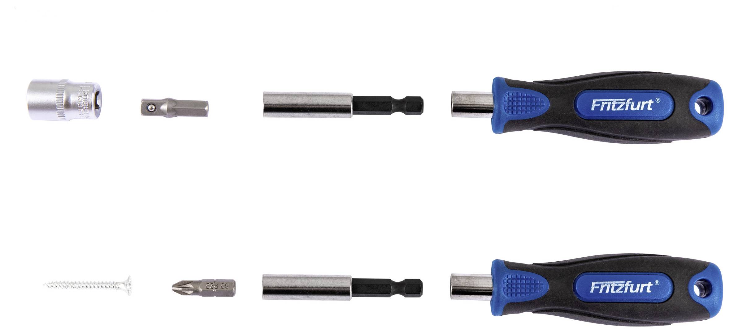 Zwei Schraubendreher mit blauen und schwarzen Griffen, die auswechselbare Bits zeigen. Der eine hat einen Stecknuss-Bit, der andere einen Kreuzschlitz-Bit und eine Schraube.