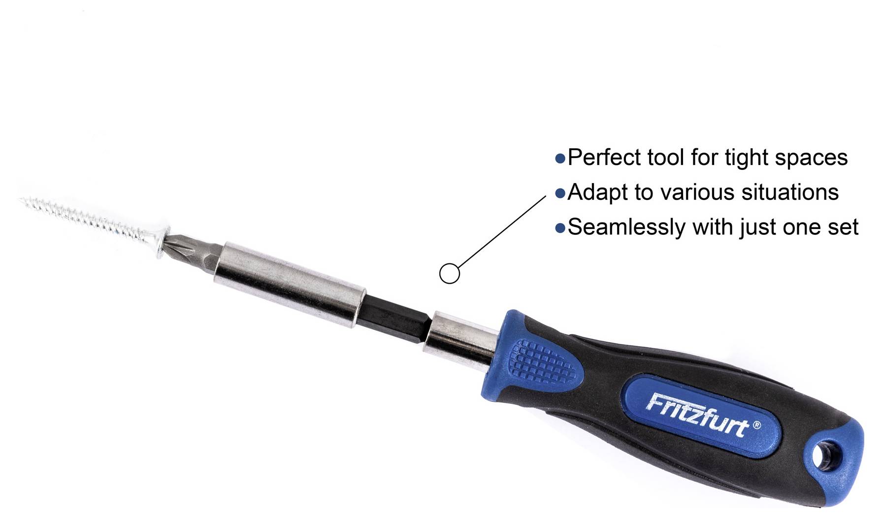 Ein blau gehaltener Multifunktions-Schraubendreher mit verstellbarer Welle, mit der Bezeichnung ‚Fitzfurt', der seine Anpassungsfähigkeit für beengte Räume hervorhebt.