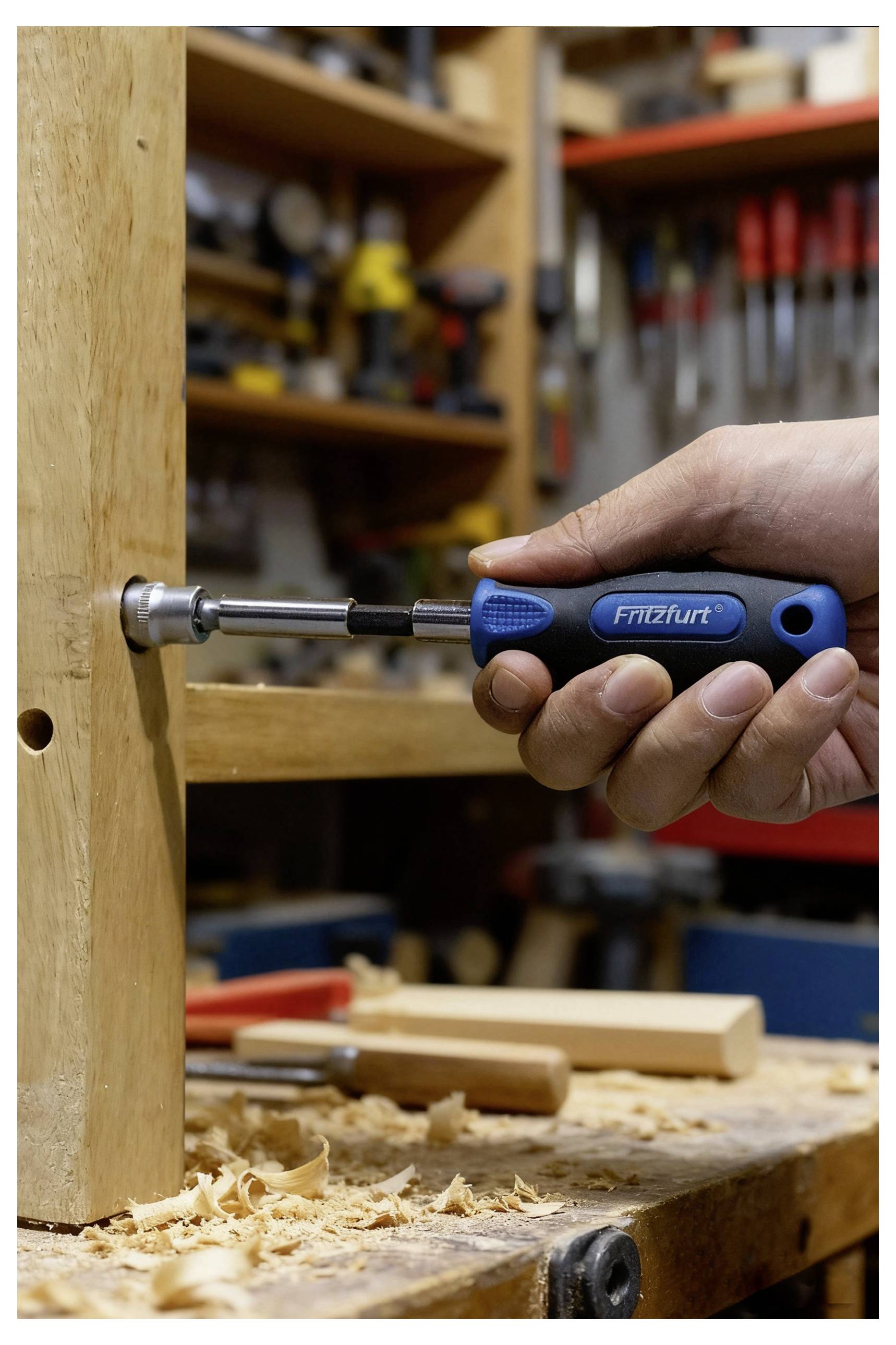 Eine Hand benutzt einen blauen Schraubendreher, um eine Schraube an einem Holzstück in einer Werkstatt zu befestigen, umgeben von Werkzeugen und Holzspänen.