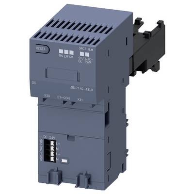Elektrisches Steuergerät für Montageschiene mit Anschlüssen und Schaltern. Oberer Bereich: Tasten 'Reset', LED-Anzeigen. Unterer Bereich: DC 24V-Anschluss, Schalter.