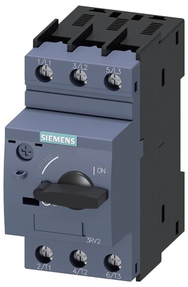 Schwarzer Drehschalter an grauem Gehäuse mit Siemens-Logo, für industrielle Anwendungen.