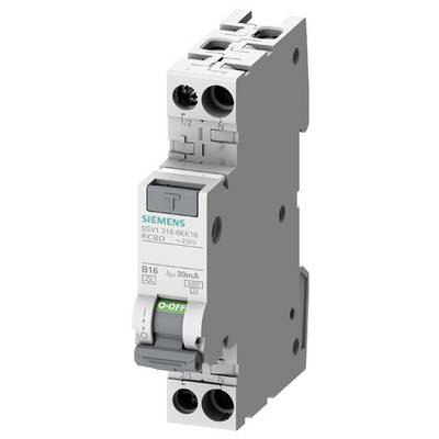 Ein grauer Siemens FI/LS-Schalter mit Aufschrift 'O-OFF'. Er ist für 230V und hat eine Auslösecharakteristik von B16 und 30mA.