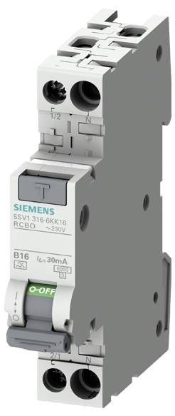 Ein grauer Leistungsschalter mit Siemens-Logo zeigt die Bezeichnung 'B16' an und hat ein grünes 'O-OFF'-Label an der Vorderseite.