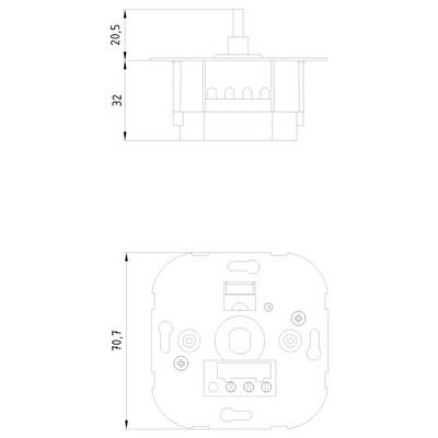 Technische Zeichnung einer quadratischen elektrischen Buchse mit den Maßen 32 x 20,5 mm Seitenansicht und 70,7 mm Draufsicht.
