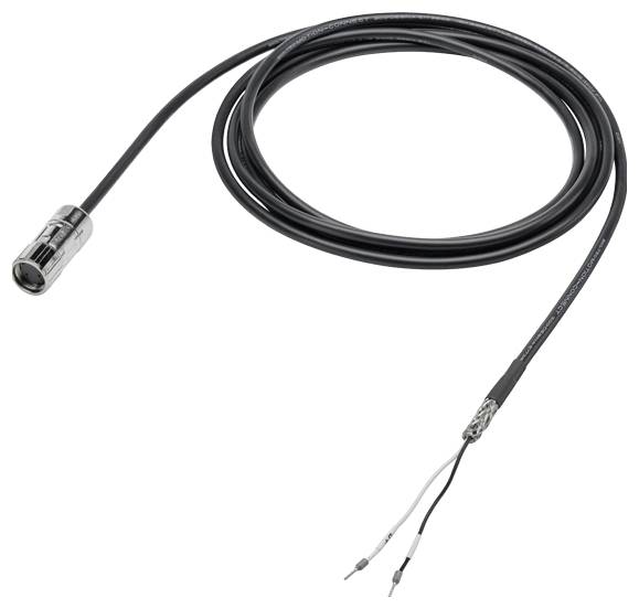 Schwarzes Kabel mit Metallstecker und zwei offenen Enden. Geeignet für elektrische Verbindungen oder Reparaturen.
