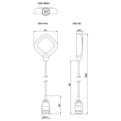 'Technische Zeichnung eines elektronischen Bauteils mit Kabel. Maße: Höhe 397 mm, Breite 52,1 mm, Tiefe 13,6 mm. Ansicht von unten, vorne und links.'