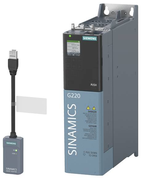 'Siemens Sinamics G220 Frequenzumrichter mit HMI-Bedienpanel und Verbindungsadapterkabel, geeignet für industrielle Anwendungen.'