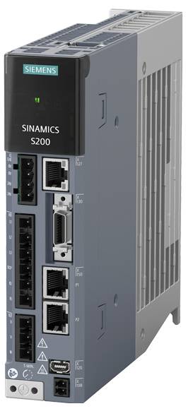 Ein Siemens SINAMICS S200 Antriebsgerät mit mehreren Anschlussmöglichkeiten, verwendet für industrielle Antriebssysteme.