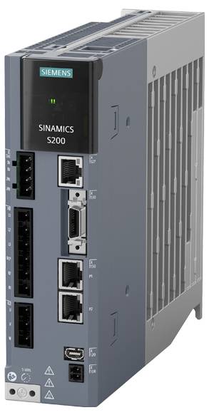Industrieantriebseinheit von Siemens, Modell Sinamics S200. Zeigt Anschlüsse für Netzwerk, Stromversorgung und Steuerung.