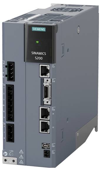 Ein elektrisches Antriebsgerät mit Ports und Anzeigen, markiert mit 'SINAMICS S200', verwendet in Automatisierungstechnologien.