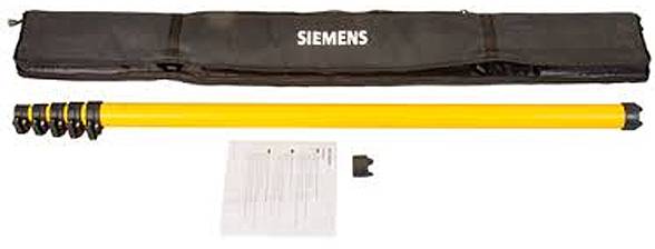 Ein gelbes Teleskopstab mit schwarzen Segmenten, ein schwarzes Tragekoffer mit der Aufschrift "SIEMENS" und eine kleine Bedienungsanleitung werden angezeigt.