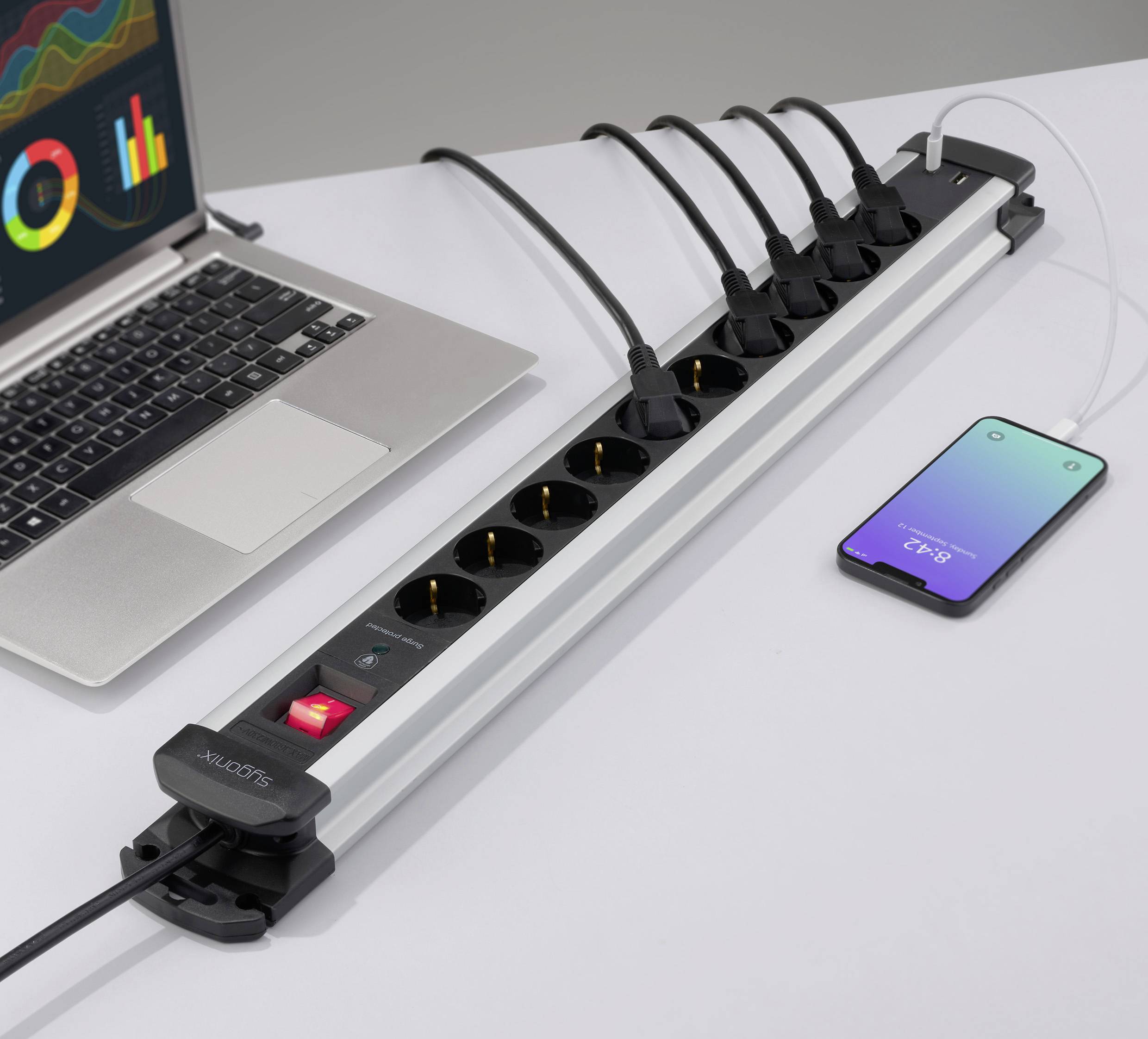 Sygonix SY-6807136 Überspannungsschutz-Steckdosenleiste 10fach Schwarz, Silver Schutzkontakt 1 St.-5