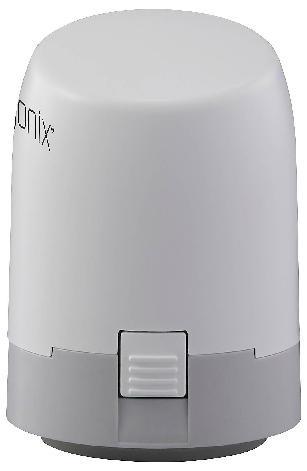 Eine weiße, ovale Briefmarke mit einer grauen Basis, die einen kleinen rechteckigen Knopf in der unteren Mitte aufweist.