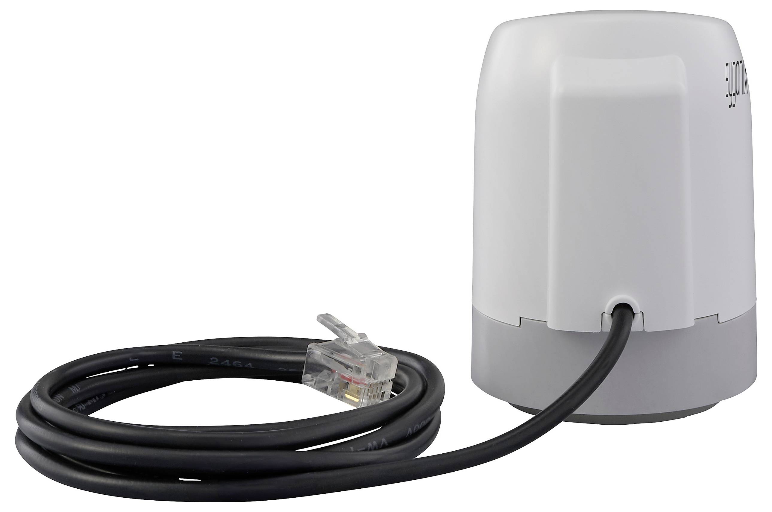 Ein weißes und graues Gerät mit einem Ethernet-Kabel, das eingesteckt und daneben aufgewickelt ist, wahrscheinlich zur Internet- oder Netzwerkverbindung verwendet.