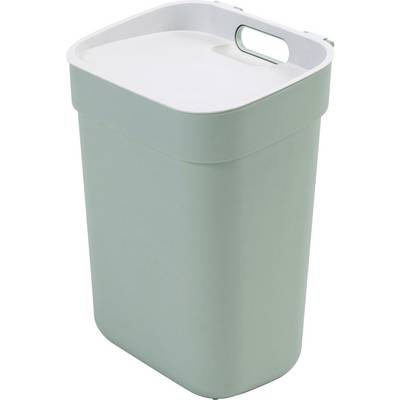 Ein quadratischer, mintgrüner Mülleimer mit einem Deckel und einem Griff.