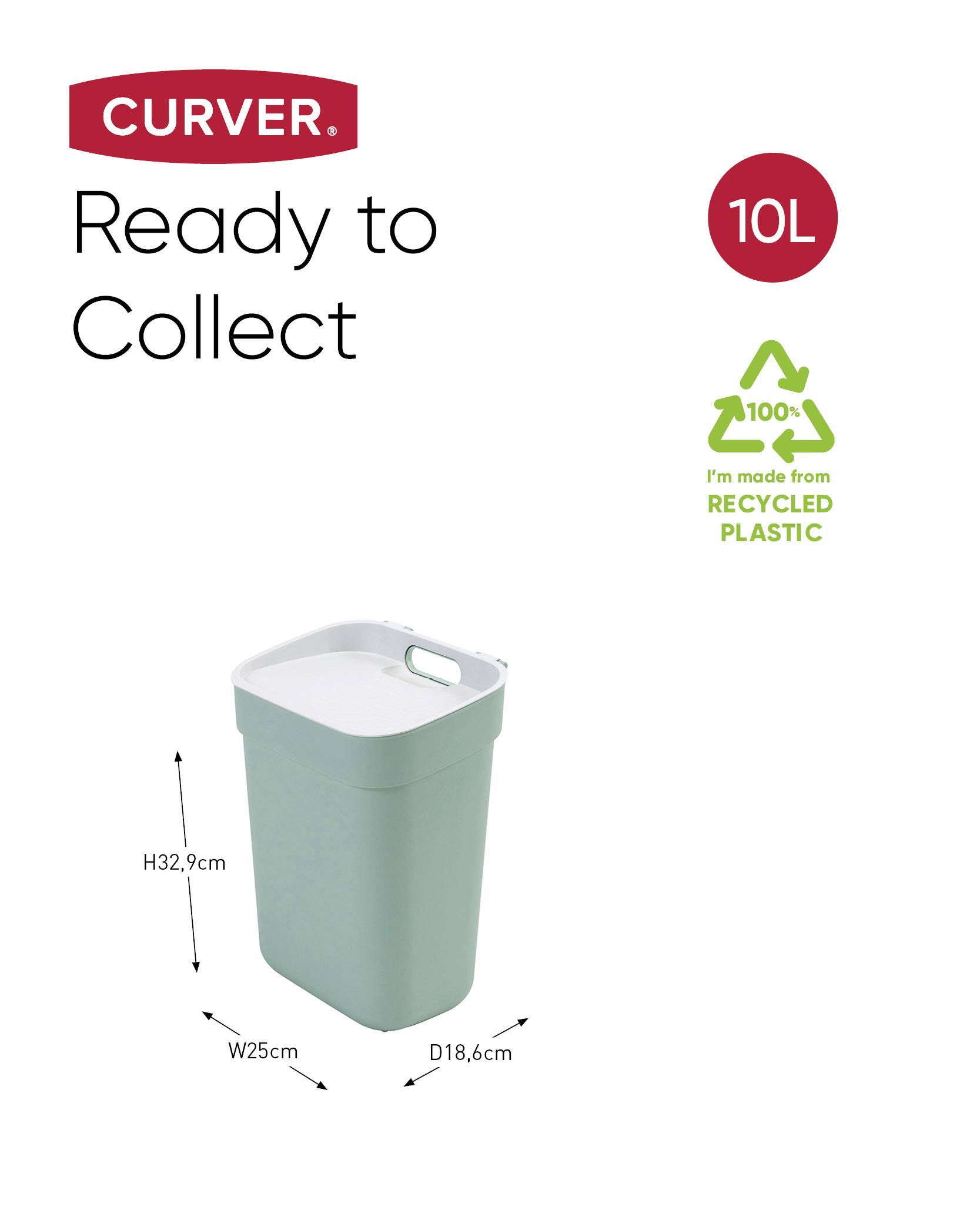 'Curver Ready to Collect' Recyclingbehälter aus recyceltem Kunststoff, 10 Liter, grün, Maße: Höhe 32,9 cm, Breite 25 cm, Tiefe 18,6 cm.
