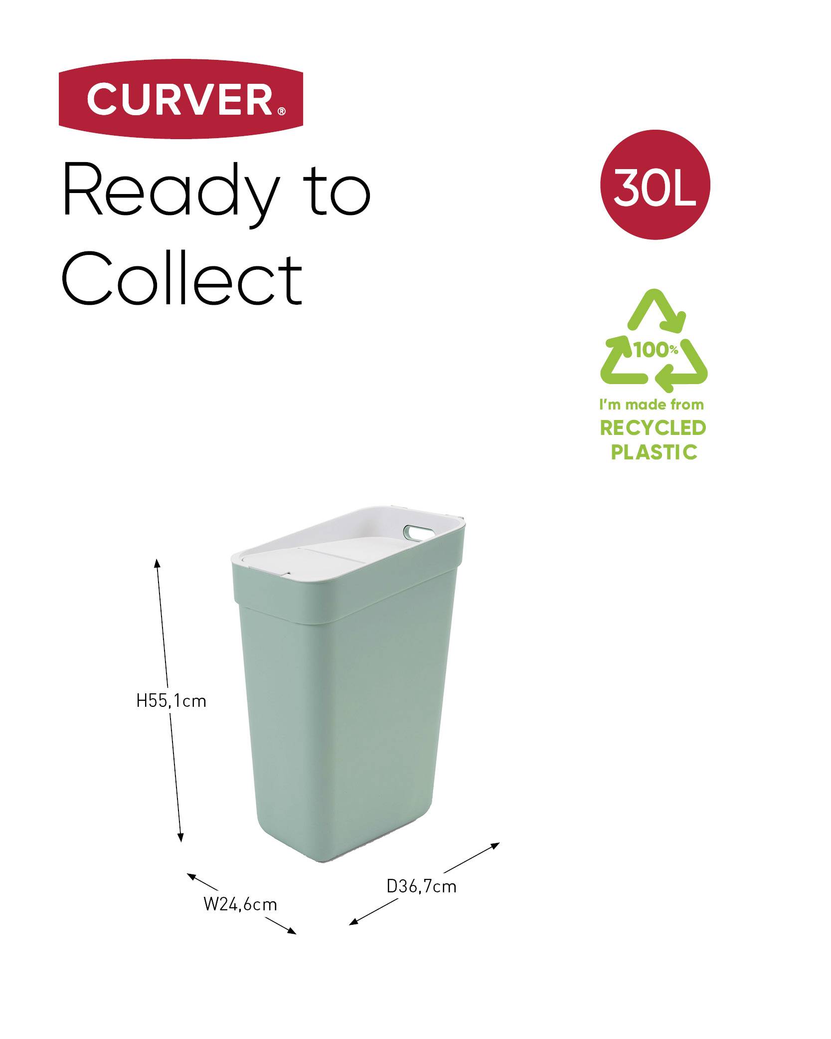 Ein grüner 30L-Mülleimer aus recyceltem Plastik von Curver. Maße: H55,1 cm, B24,6 cm, T36,7 cm. Text: 'Ready to Collect'.