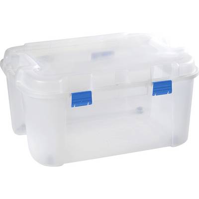 Durchsichtige Plastik-Aufbewahrungsbox mit blauen Verschlüssen, geeignet zur Aufbewahrung verschiedener Gegenstände.