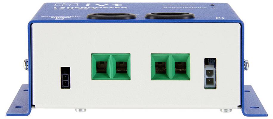 Ein blau-weißes elektronisches Gerät mit mehreren grün umrandeten Anschlüssen an der Vorderseite.